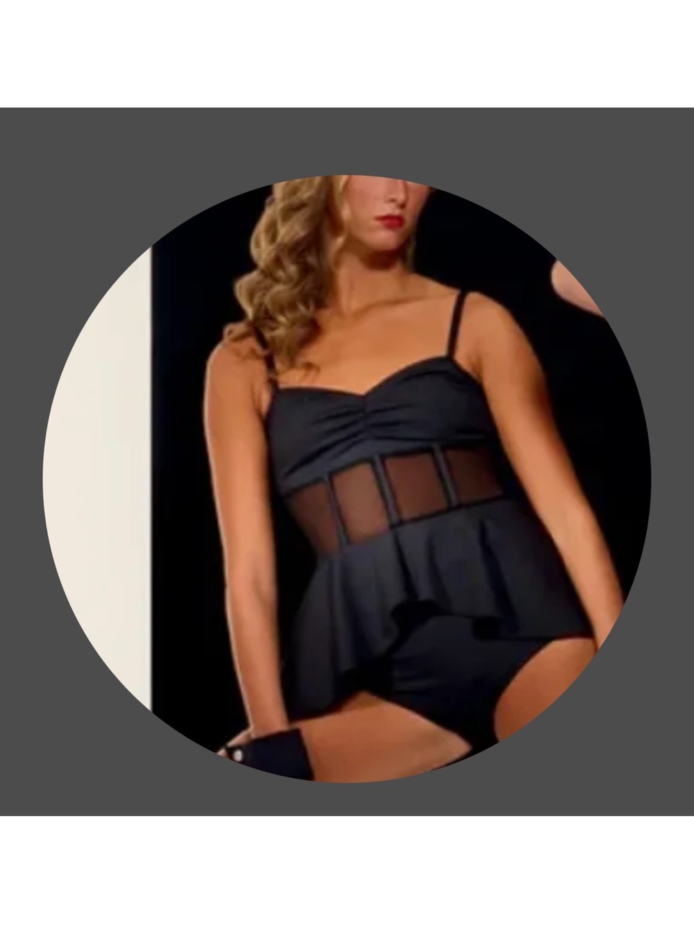 Kelle- MA Black Top with Sheer Mesh Midriff.